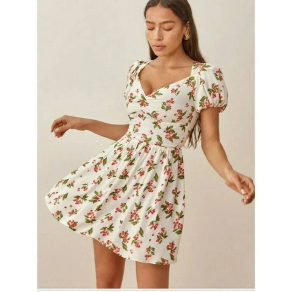 Reformation White and Red Sweetheart Puff Sleeve Cherry Mini Dress
